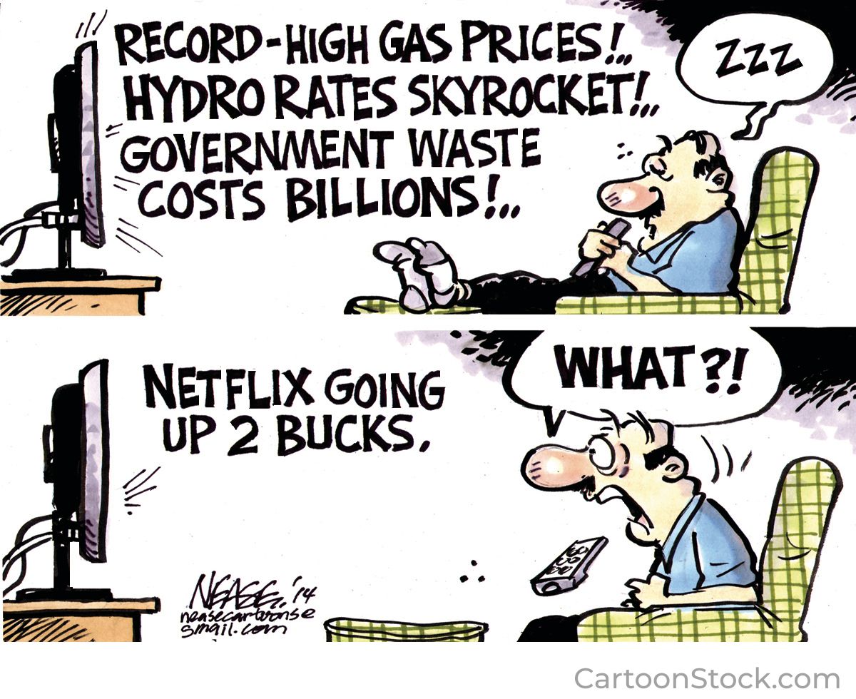 Cartoon: Mann auf Sessel vor Fernseher, schläft bei Energie-News, wacht auf bei Nachricht 'Netflix wird teurer'.